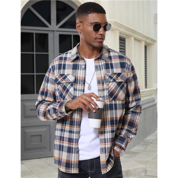 Men's Flannel Shirts Long Sleeve Plaid 03 - Picture 4 of 5